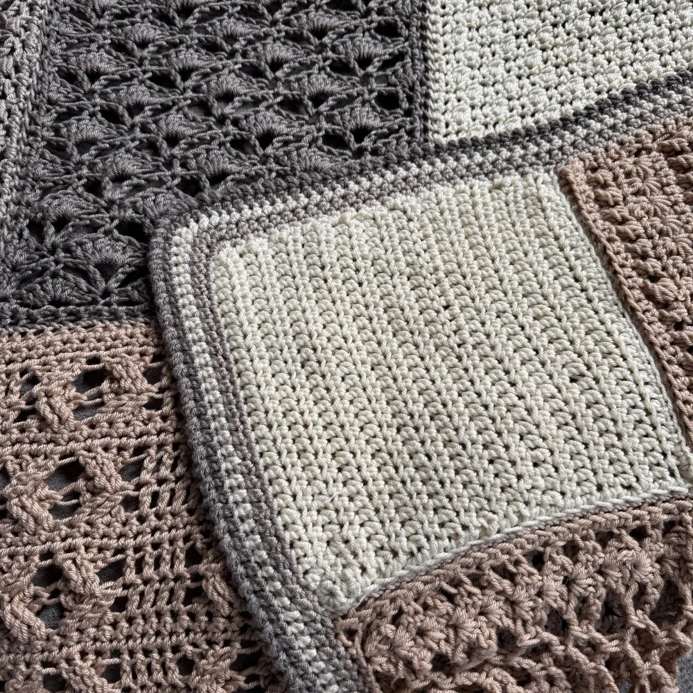 Handmade‎ Crochet Patchwork Blanket Neutral Taupe Grey Cream Throw 62x55 Soft